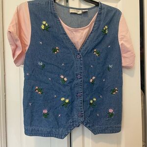 Women's Embroidered Denim Button-Down Vest with Pink Tee